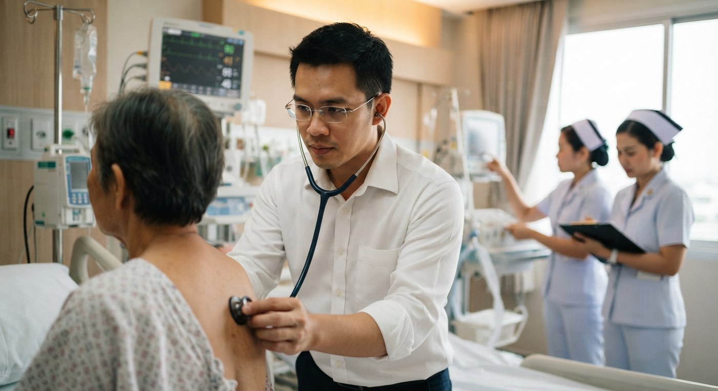 A doctor and nursing team caring for a patient with advanced medical equipment in a Thai hospital
