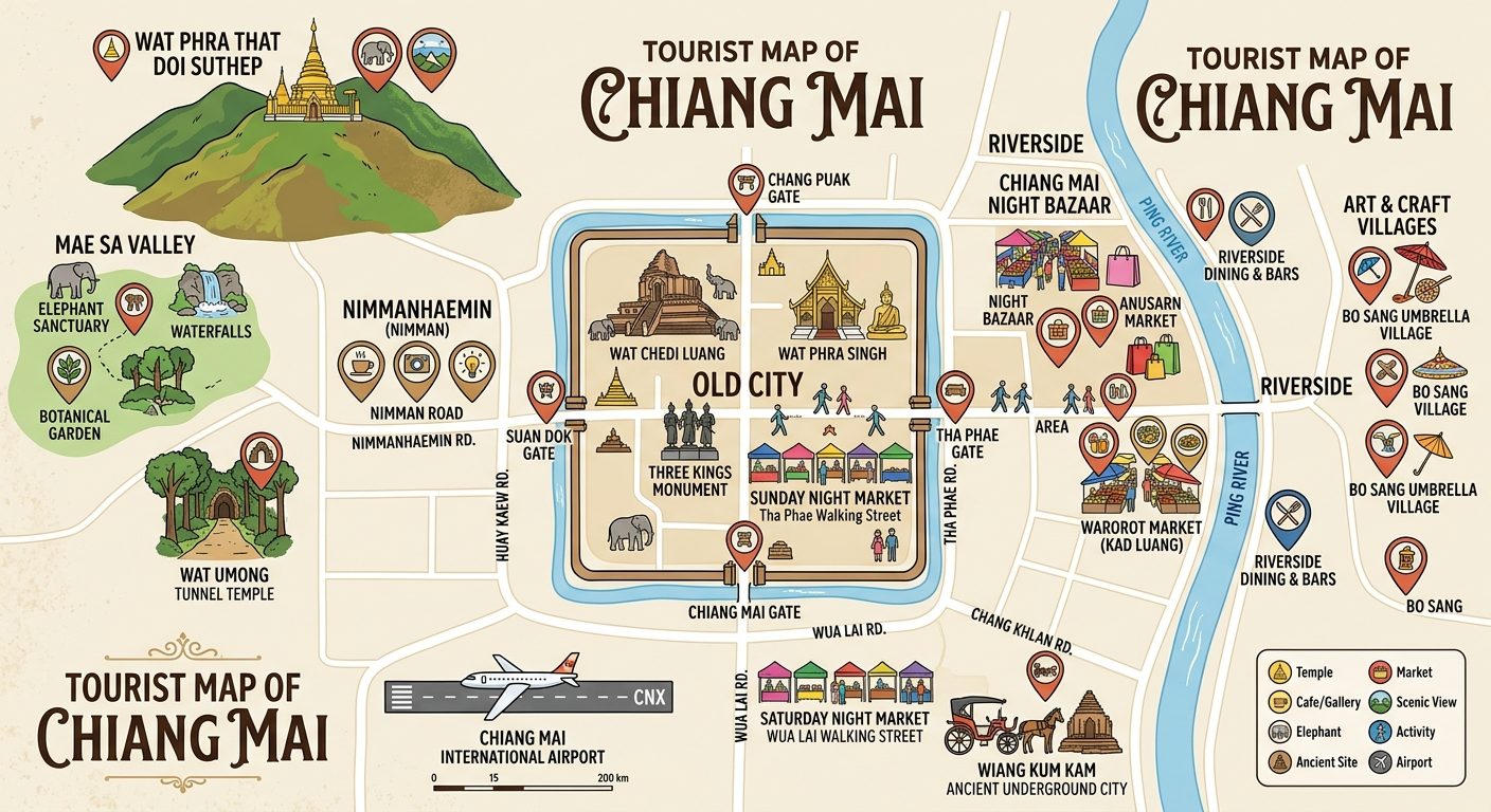 Illustrated tourist map of Chiang Mai city showing Old City, Nimman, Riverside area, temples, markets, gates, Doi Suthep and key neighborhoods