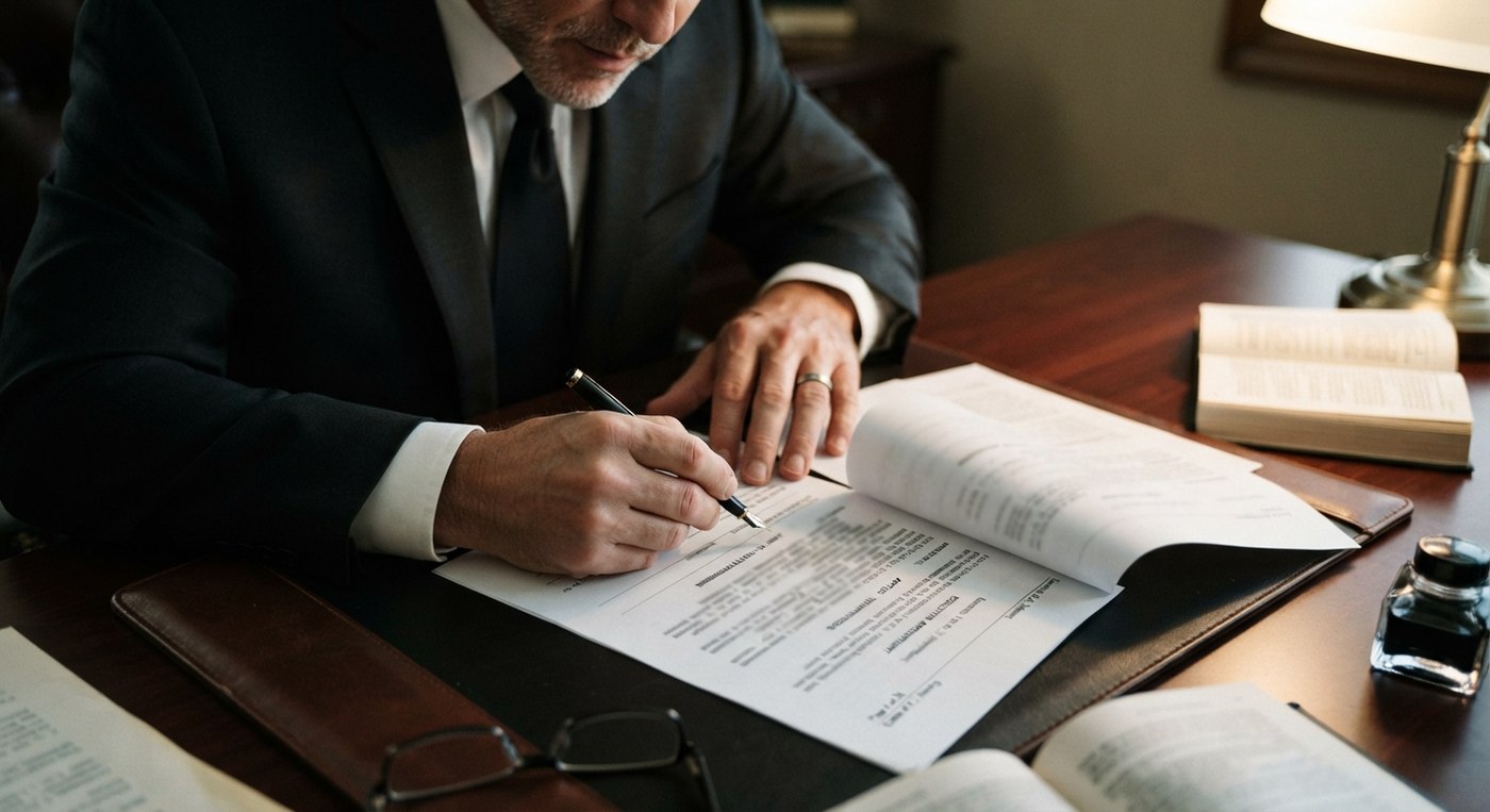 A lawyer signing and preparing estate planning documents, including a will, at a desk