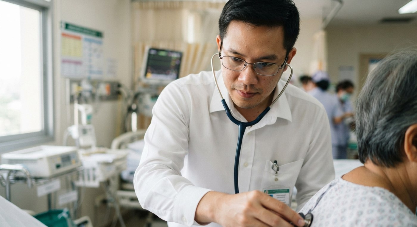 A Thai hospital doctor examining an elderly patient with a stethoscope