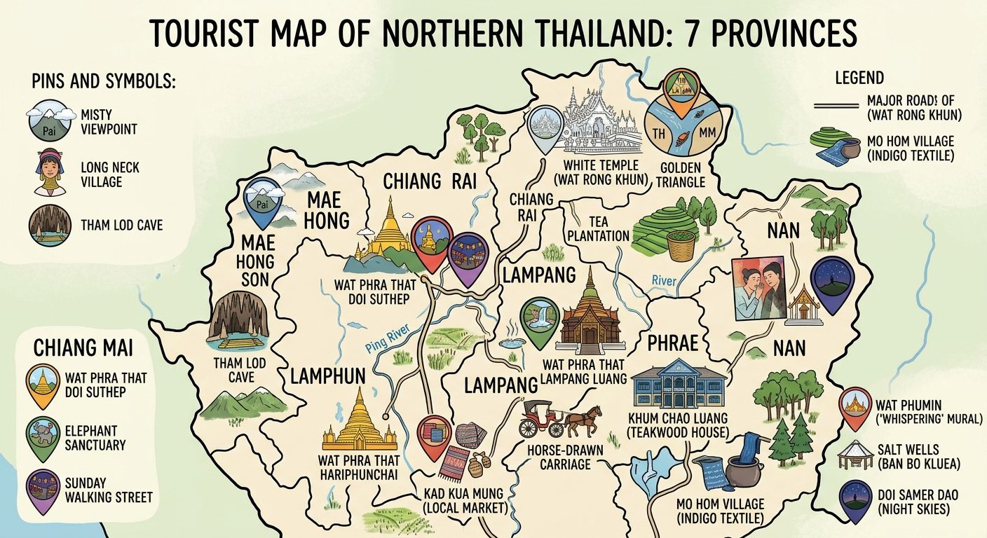 Illustrated tourist map of Northern Thailand showing 7 provinces: Chiang Mai, Chiang Rai, Lampang, Lamphun, Mae Hong Son, Nan and Phrae with major attractions marked