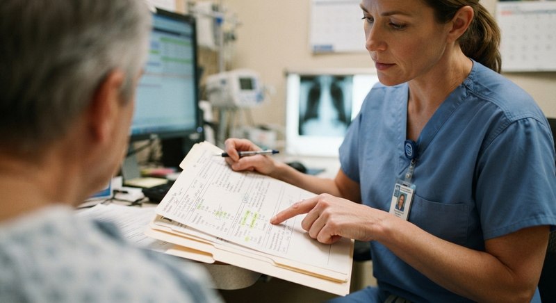 A nurse reviewing a patient's medical chart at an international-standard hospital